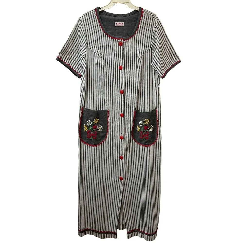 Vintage Gilead Striped Duster Robe Grey Red Ric Rac Floral Embroidery Large USA